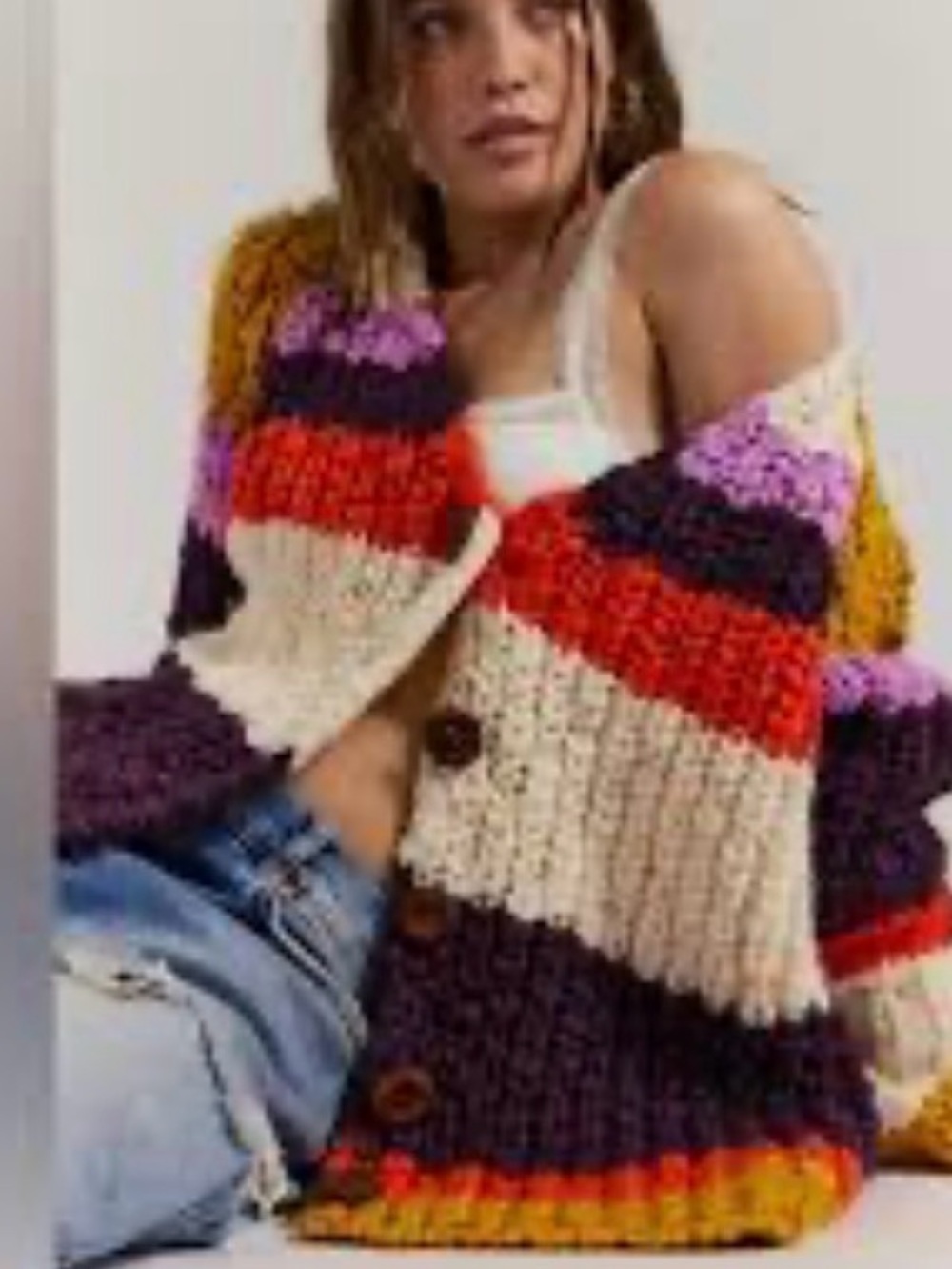 Free People Myles Striped Cardi Chunky Striped Open-Front Cardigan Sweater Med - Picture 2 of 8